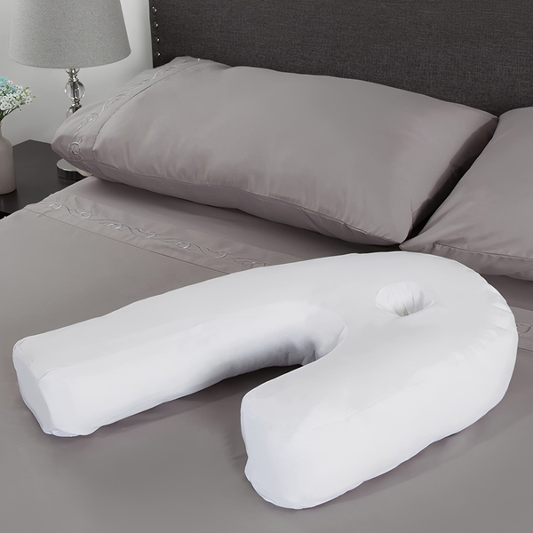 Cuscino ortopedico per chi dorme di lato, imbottito, con foro per orecchie; supporto e comfort per notti rigeneranti.
