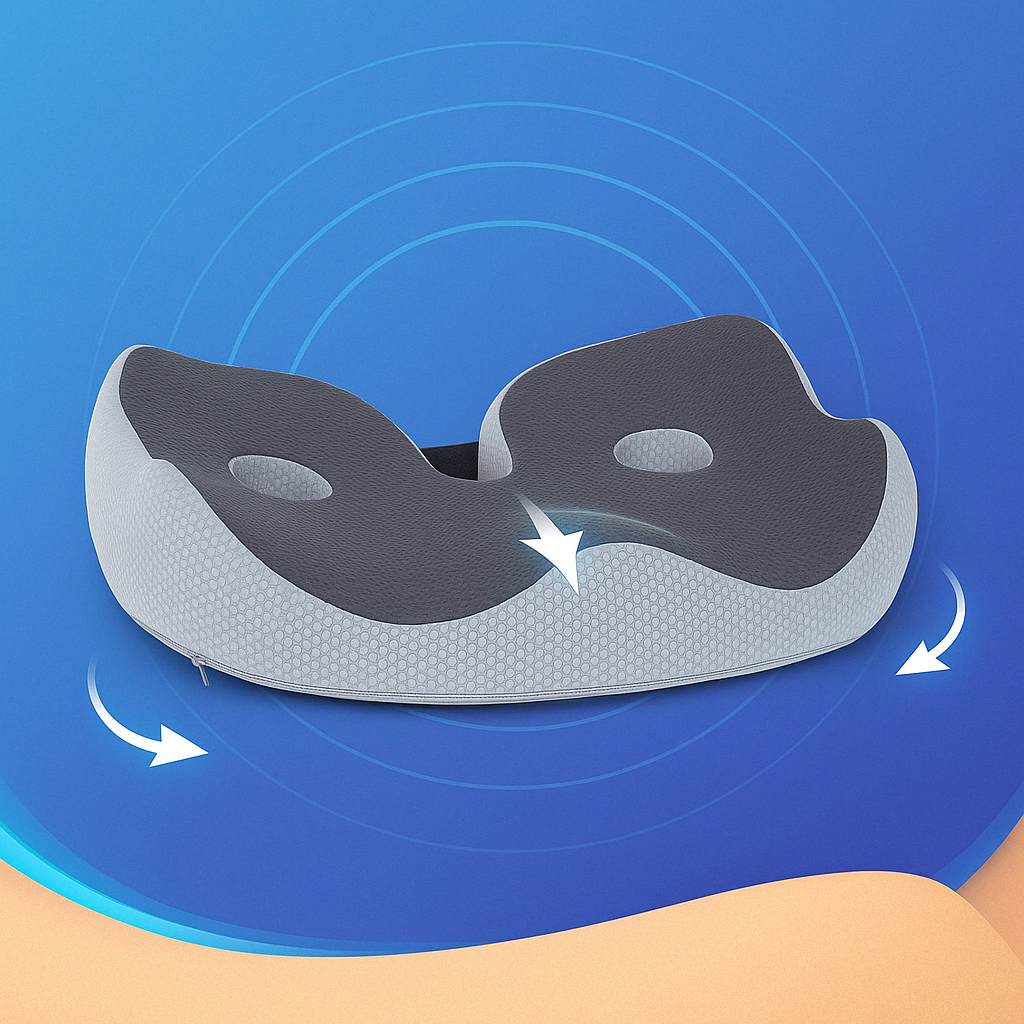 "Cuscino ortopedico regolabile in memory foam, forma rettangolare, in beige, adatto per sedie da ufficio e auto."