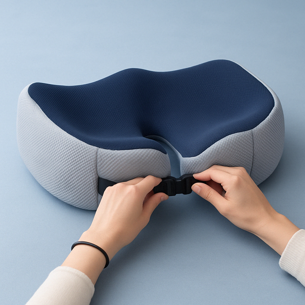 "Cuscino ortopedico regolabile in memory foam, forma rettangolare, in beige, adatto per sedie da ufficio e auto."