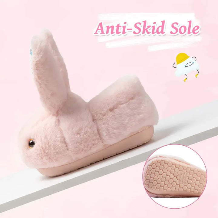 Warm kids' bunny slippers with plush fabric, anti-slip soles, perfect cozy footwear for toddlers & babies.