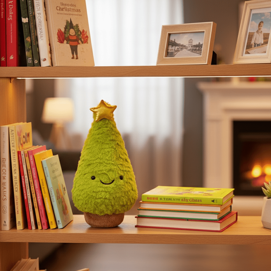 Festive plush Christmas tree figurine, adds cozy holiday cheer and soft seasonal decor.