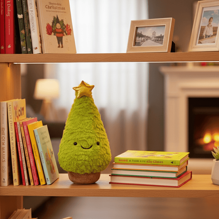 Festive plush Christmas tree figurine, adds cozy holiday cheer and soft seasonal decor.