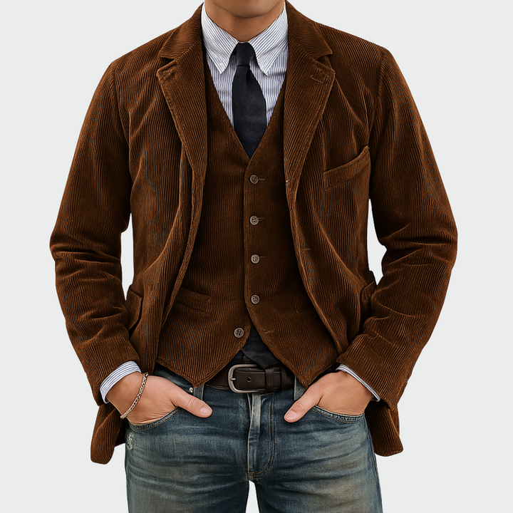 Sharp style men's formal wear. This 2-piece blazer and vest set offers a dapper, sophisticated look.