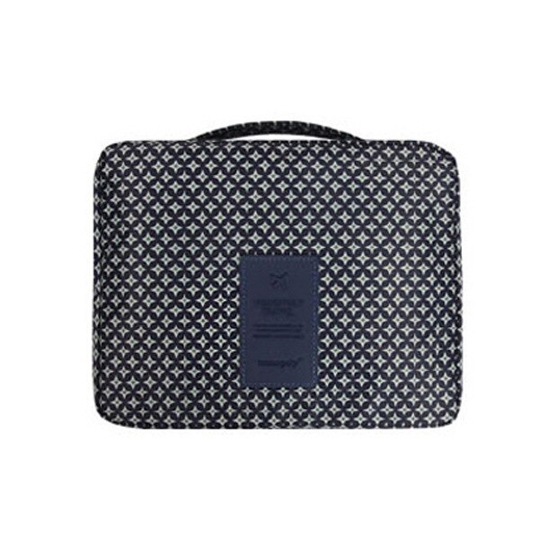 Stylish dark blue floral waterproof toiletry bag, a compact and practical makeup organizer for women.