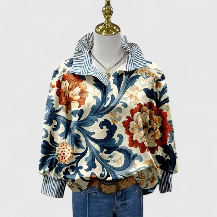 Dark blue women's stylish blouse with intricate 3D floral details, perfect for elegant casual or evening wear.