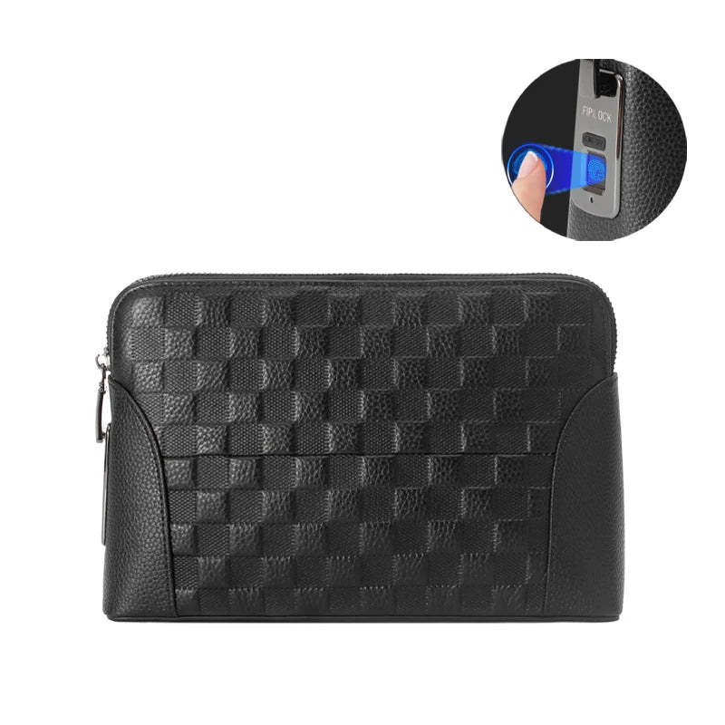 Black leather clutch wallet for men, featuring advanced fingerprint lock for ultimate anti-theft security.