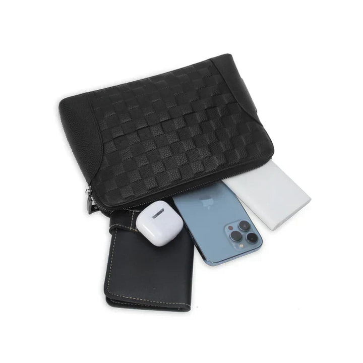 Secure men's genuine leather clutch wallet with biometric fingerprint lock, perfect for anti-theft travel.