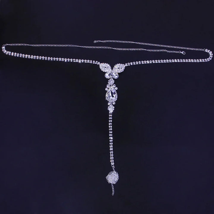 Elegant butterfly rhinestone belly chain, gold-plated body jewelry with shimmering crystals for women.