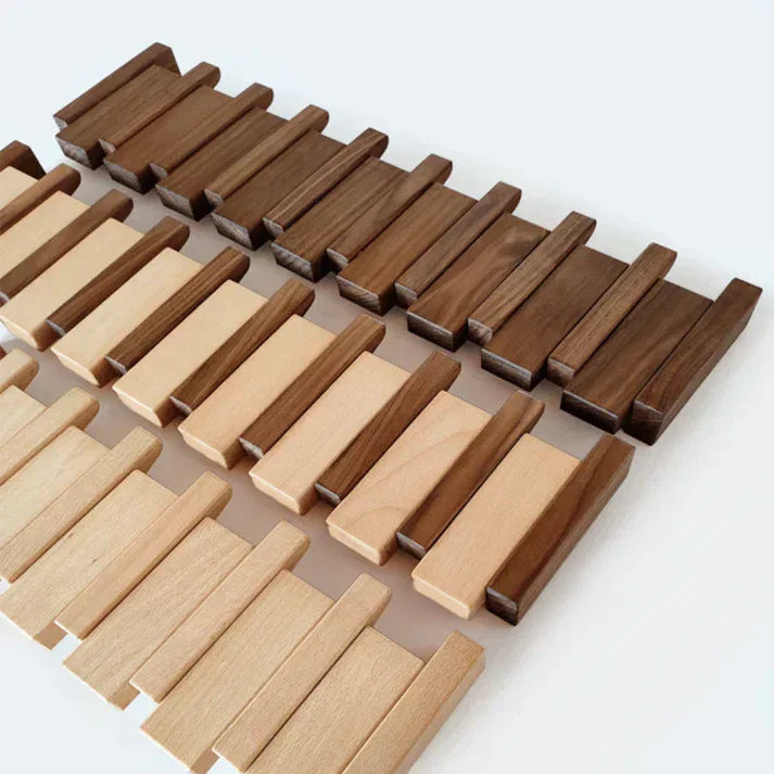 Modern decorative wooden piano coat rack. Functional & stylish entryway wall art with storage hooks.