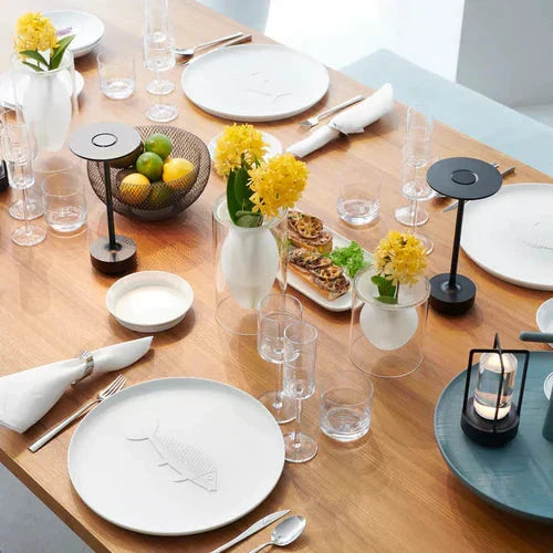 Contemporary dimmable table lamp. Wireless LED, easily rechargeable for bright or soft lighting.