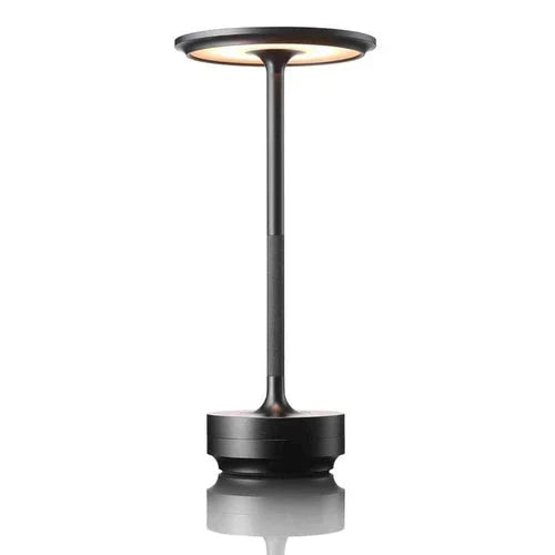 Compact wireless LED lamp. Dimmable and USB rechargeable, great for camping or emergency lighting.