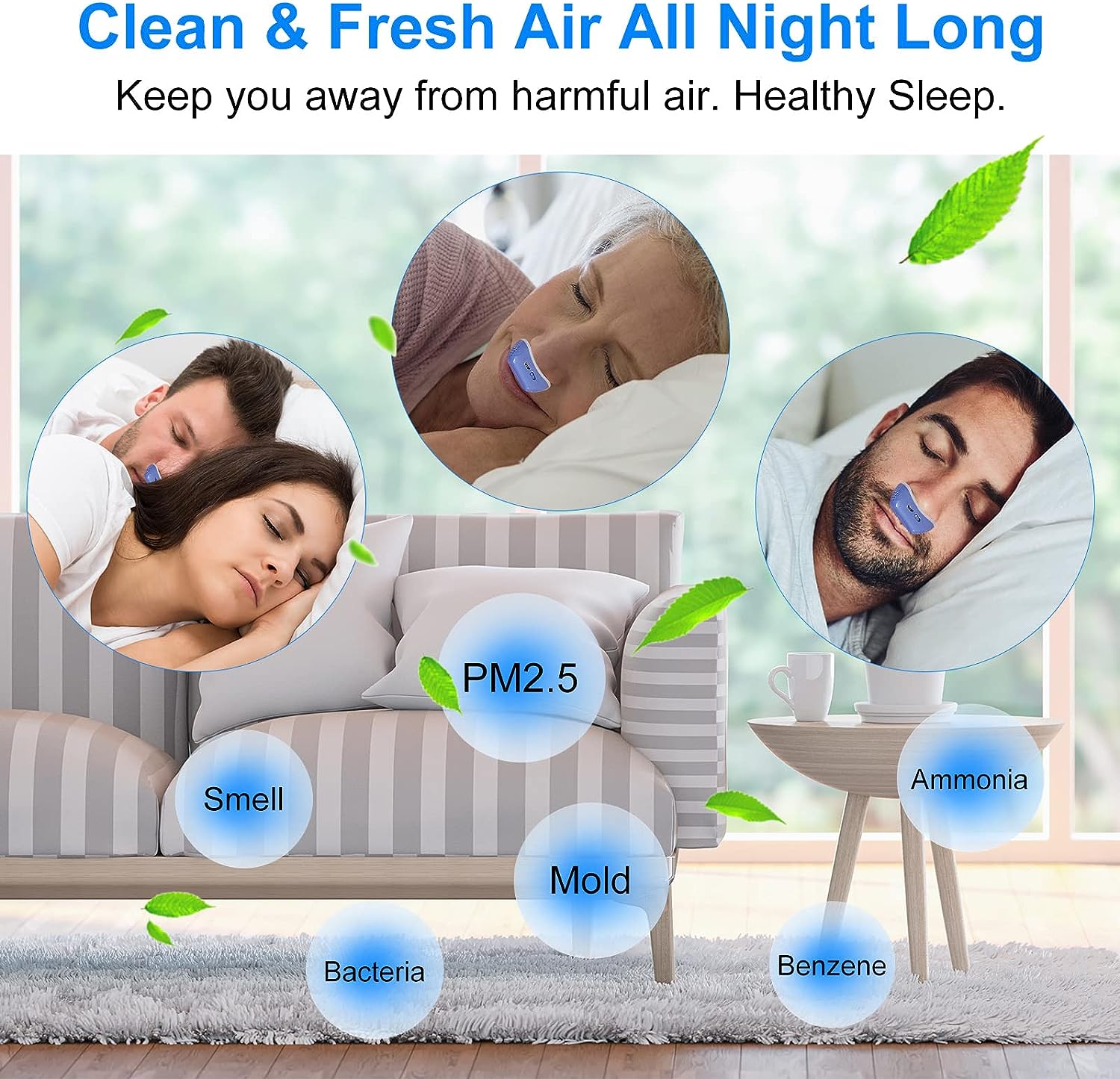 "Dispositivo CPAP compatto per apnea notturna, blu, senza maschera, design ergonomico per naso, migliora il sonno."