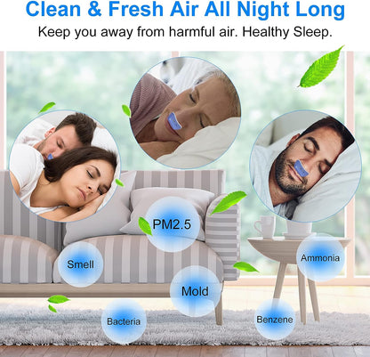 "Dispositivo CPAP compatto per apnea notturna, blu, senza maschera, design ergonomico per naso, migliora il sonno."