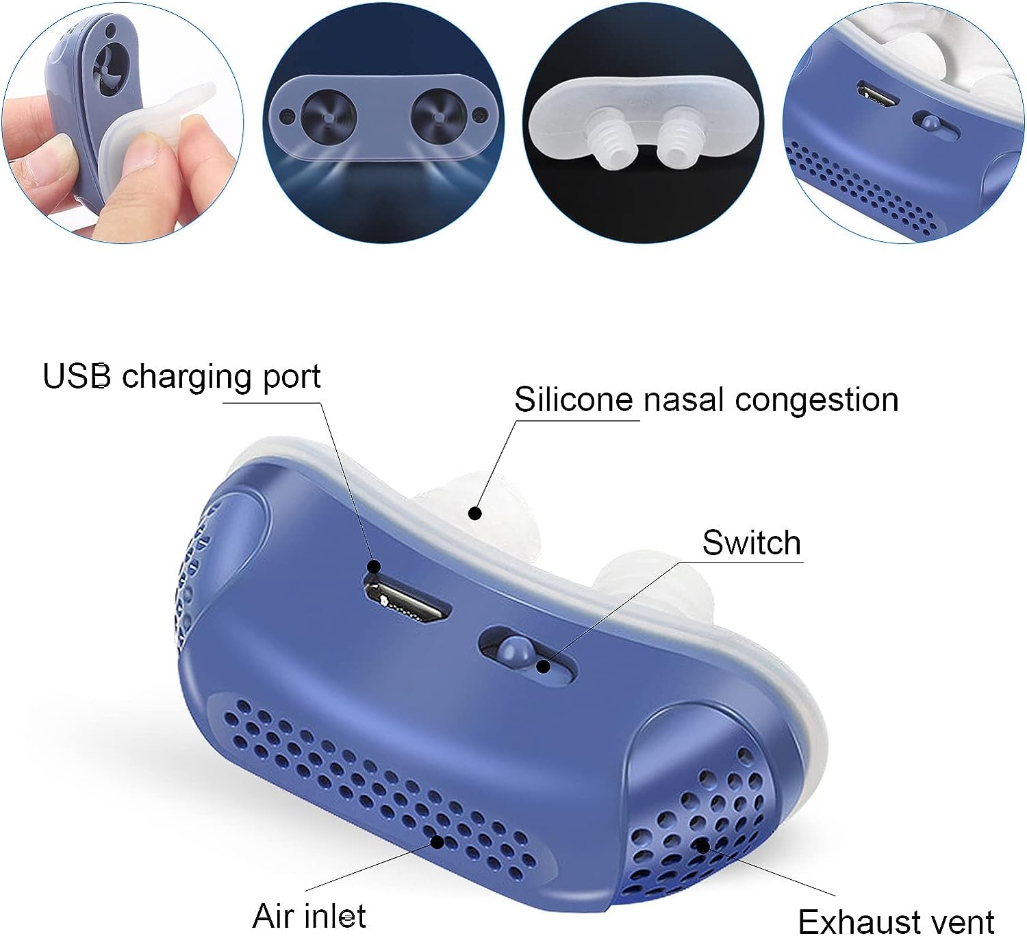 "Dispositivo CPAP compatto per apnea notturna, blu, senza maschera, design ergonomico per naso, migliora il sonno."