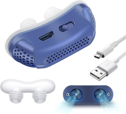"Dispositivo CPAP compatto per apnea notturna, blu, senza maschera, design ergonomico per naso, migliora il sonno."