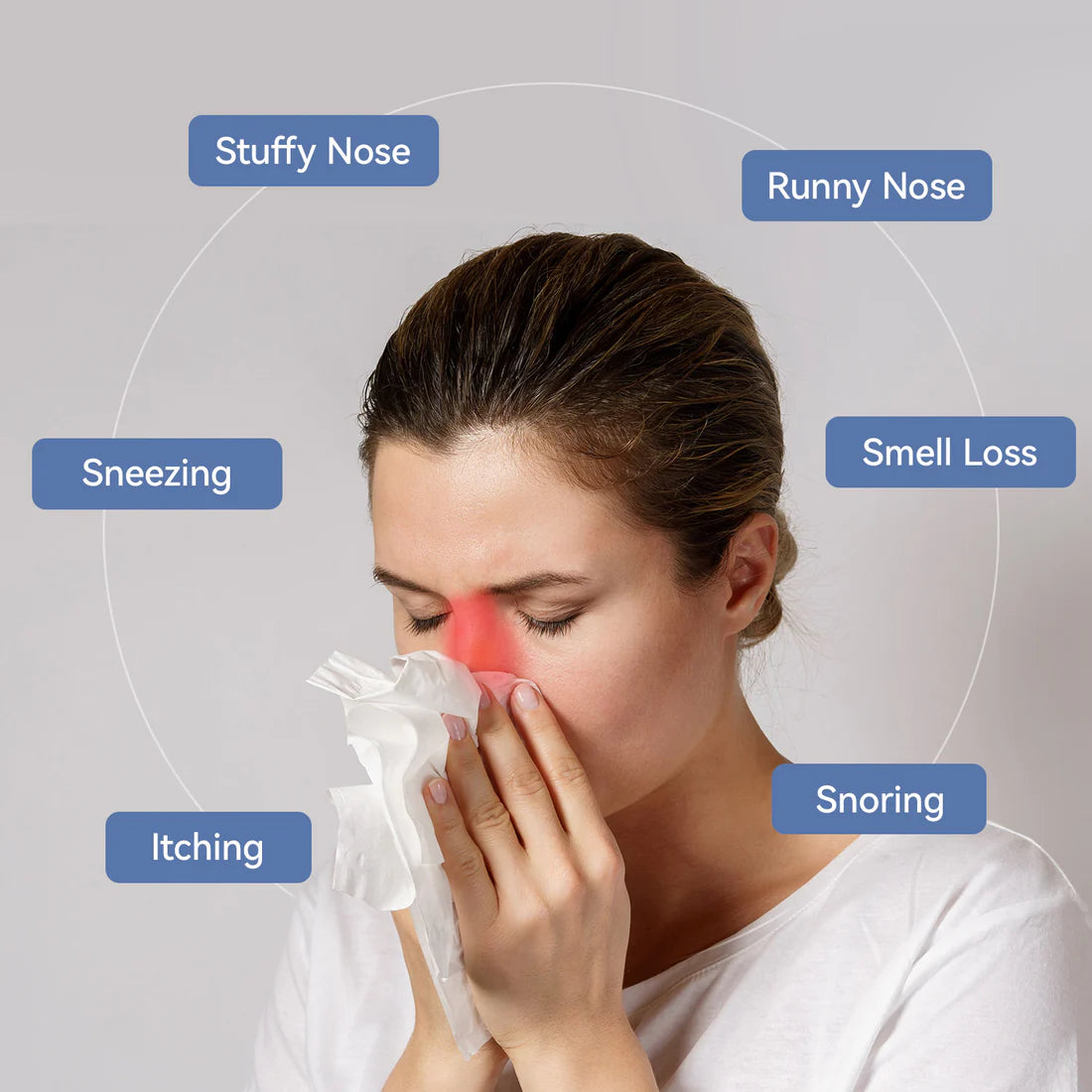 "Dispositivo nasale a infrarossi, piccolo e portatile, per sollievo da allergie e sinusite. Terapia con luce rossa inclusa."