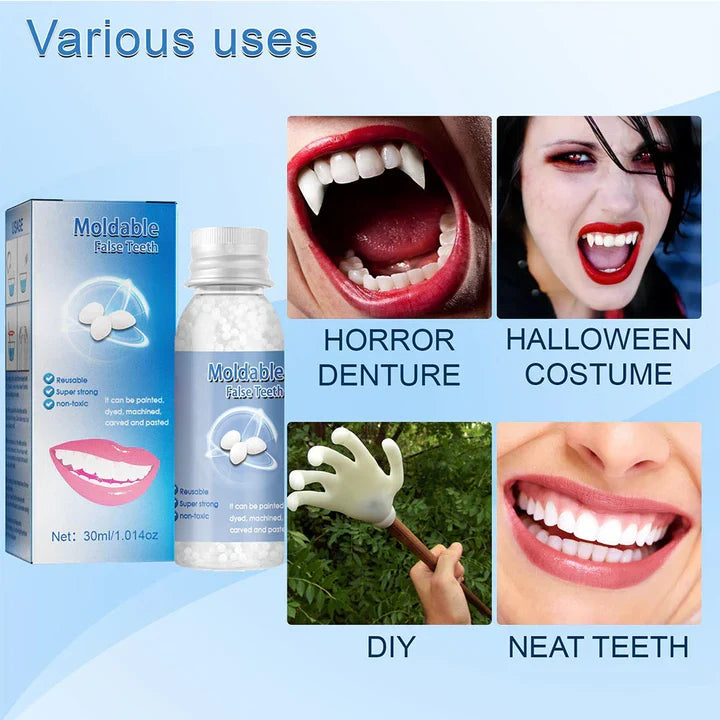 Cosmetic moldable temporary false teeth to instantly fill gaps & restore a confident smile at home.