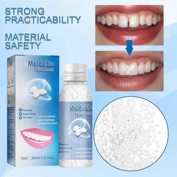 Unisex moldable polymer beads for temporary false teeth, ideal for DIY dental repair & cosmetic tooth replacement.