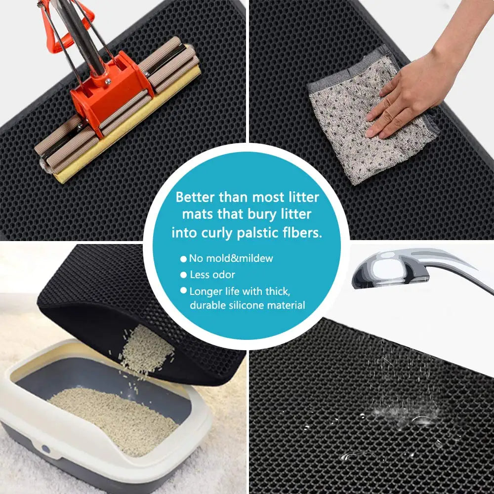 Innovative double layer cat mat, waterproof & non-slip, traps litter for ultra-clean floors.