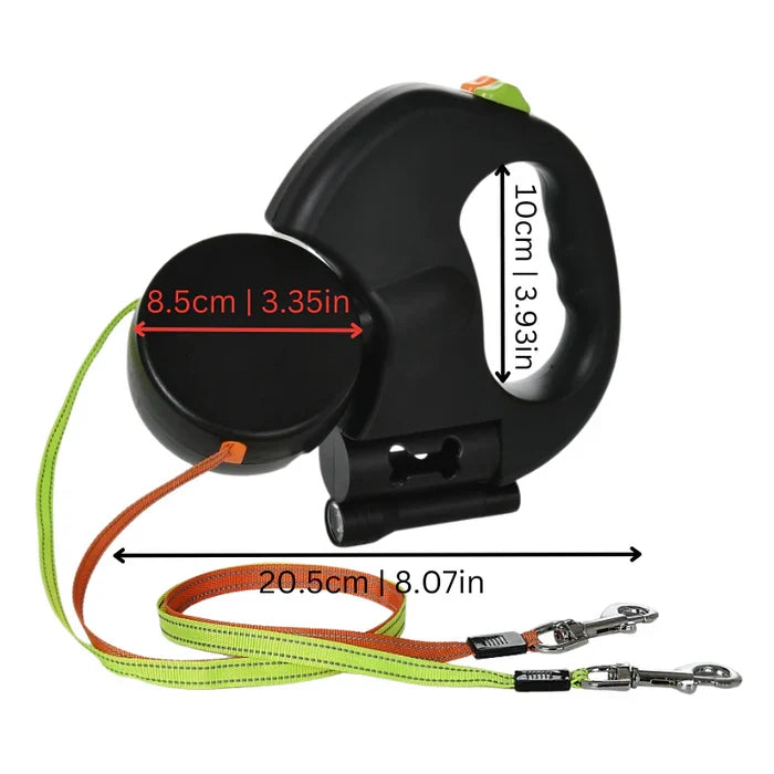 Ergonomic dual dog leash featuring a bright LED light and anti-tangle swivel for comfortable, safe two-dog walks.