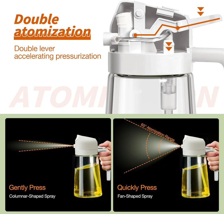 Elegant glass olive oil mister & pourer. Dual function sprayer for controlled dispensing & healthy meals.