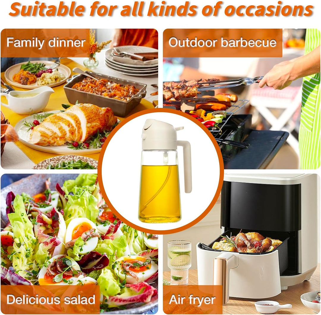 Premium glass olive oil sprayer dispenser. Dual function for precise pouring & fine mist, healthy kitchen tool.