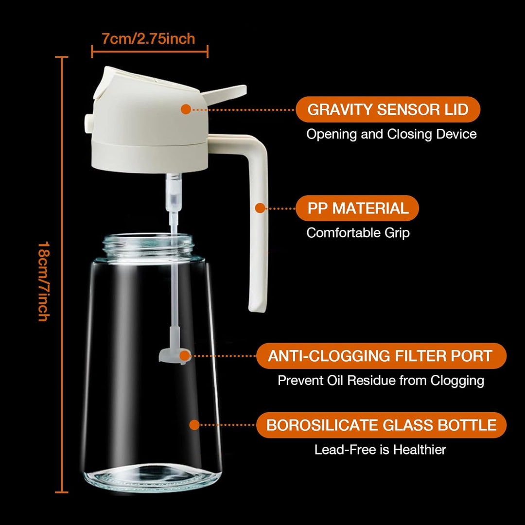 Versatile olive oil sprayer for cooking. Glass dispenser, dual function pourer & mister, healthy kitchen essential.