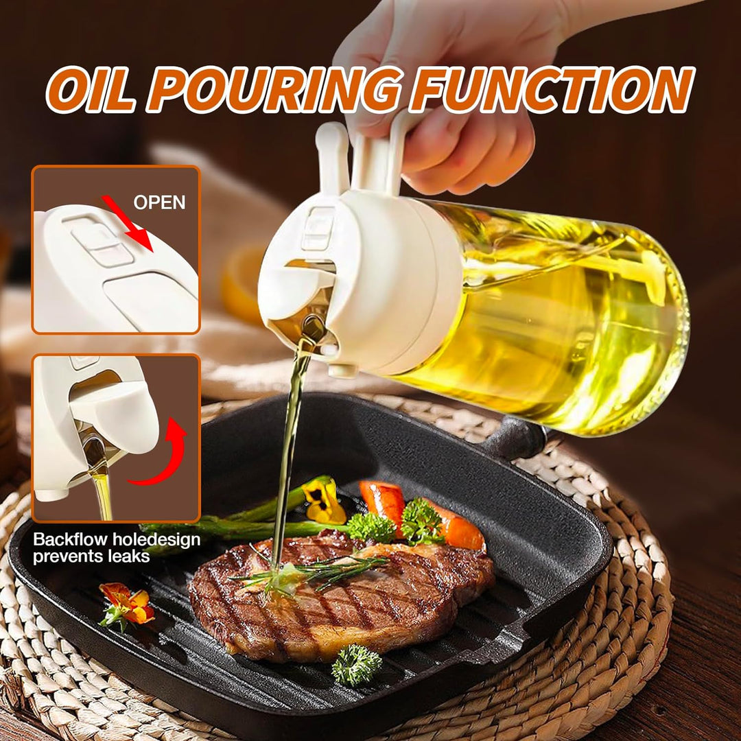 Ergonomic olive oil dispenser & sprayer. Glass bottle, dual function for cooking, baking, & salads.