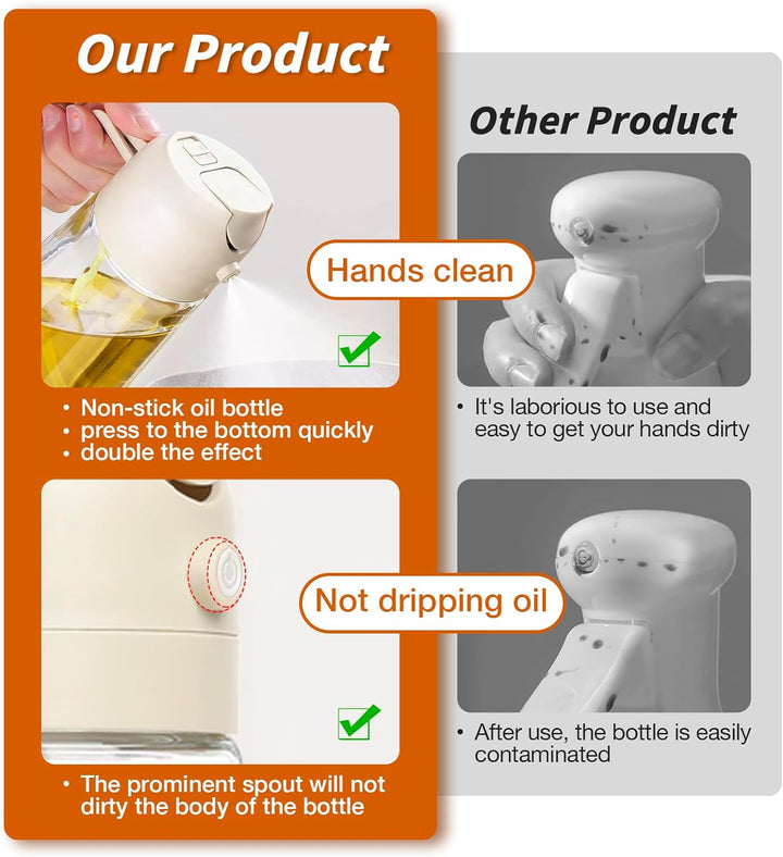 Oil sprayer and dispenser for healthy cooking. Glass bottle, dual function, ideal kitchen gadget for chefs.