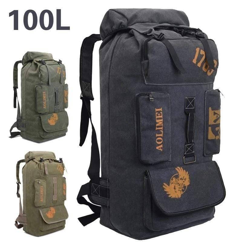 Durable 100L canvas camping hiking backpack, large capacity rucksack for outdoor travel