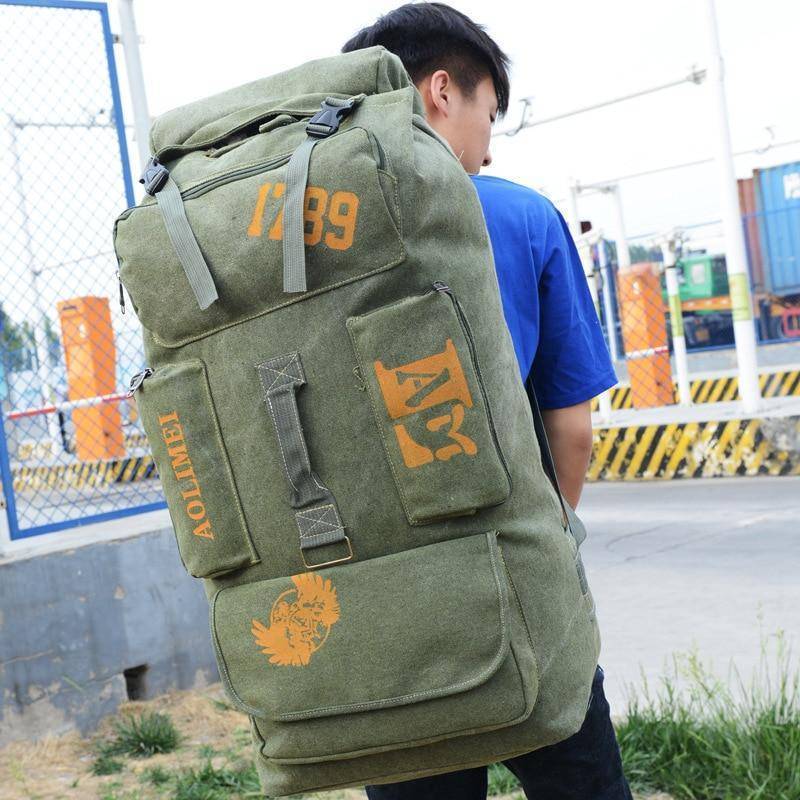 Front view of 100L canvas hiking backpack, ideal climbing bag with ample storage