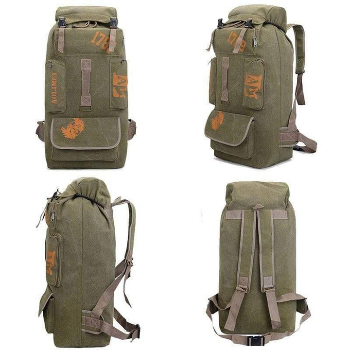 Side view of sturdy canvas rucksack, perfect for camping and long-distance hiking
