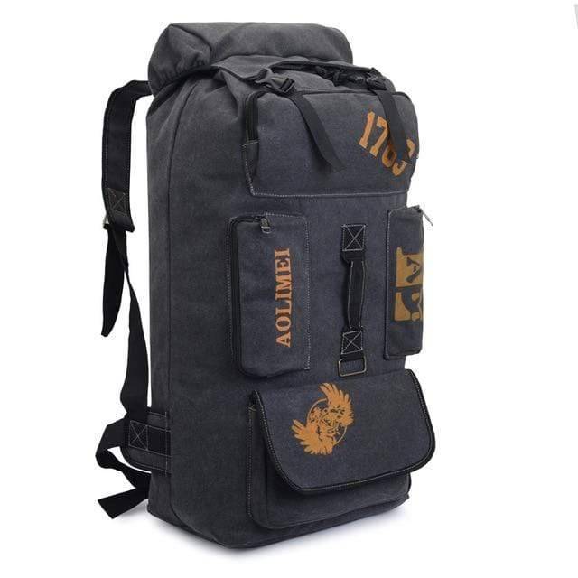Model wearing a 100L canvas hiking backpack, comfortable and large capacity for travel