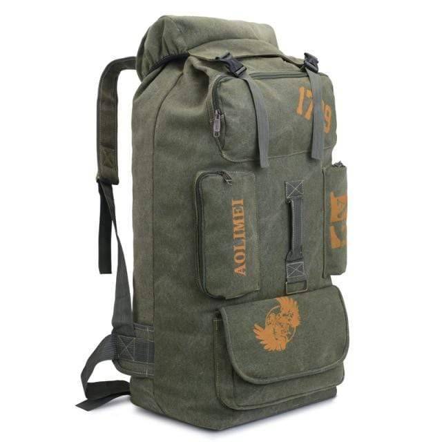 Back panel of ergonomic 100L canvas climbing backpack, designed for comfort on long hikes