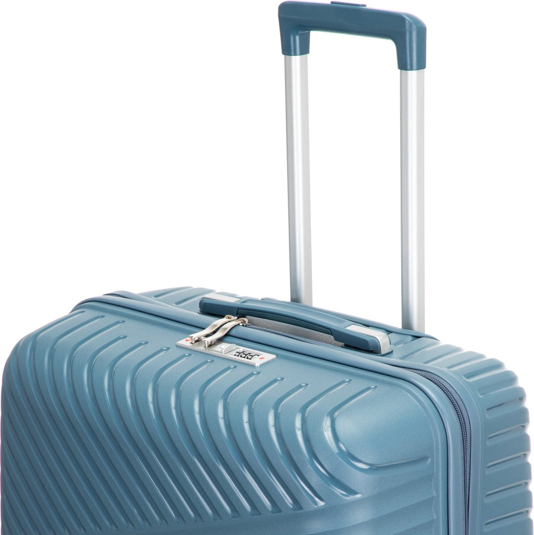 Blue hardshell luggage, Amalfi series, featuring smooth spinner wheels & integrated TSA lock for secure travel.
