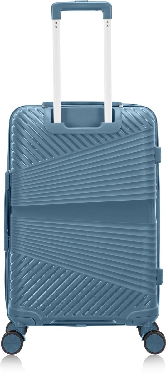 Essential blue hardshell travel gear: durable suitcase with spinner wheels for smooth, secure vacation journeys.