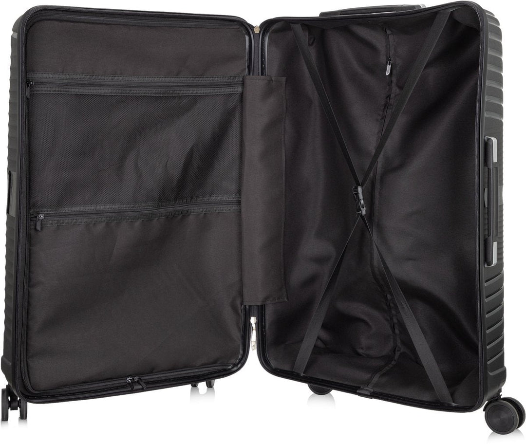 Side view of blue hardshell luggage showing robust handle, durable shell & easy-glide spinner wheels.