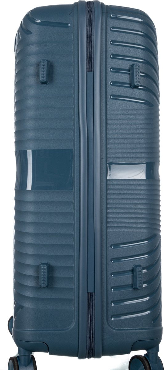 Stylish blue hardshell checked luggage with smooth 360-degree spinner wheels and an integrated TSA lock.