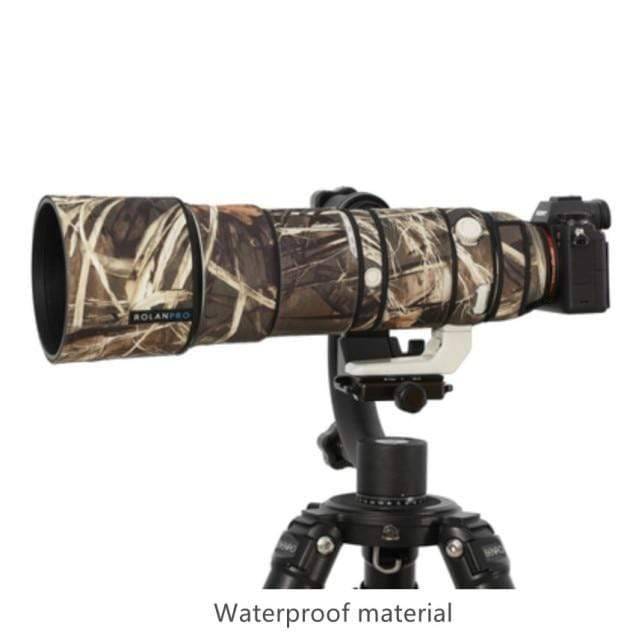 Camouflage camera lens case, waterproof nylon, protecting gear from elements during outdoor shoots.