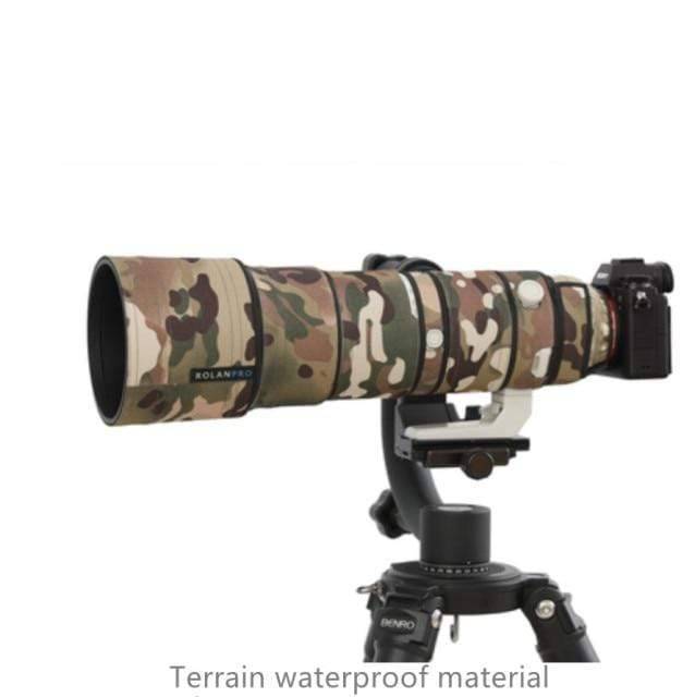 Rugged camouflage lens case, waterproof, keeps camera lenses safe and dry for adventure photography.
