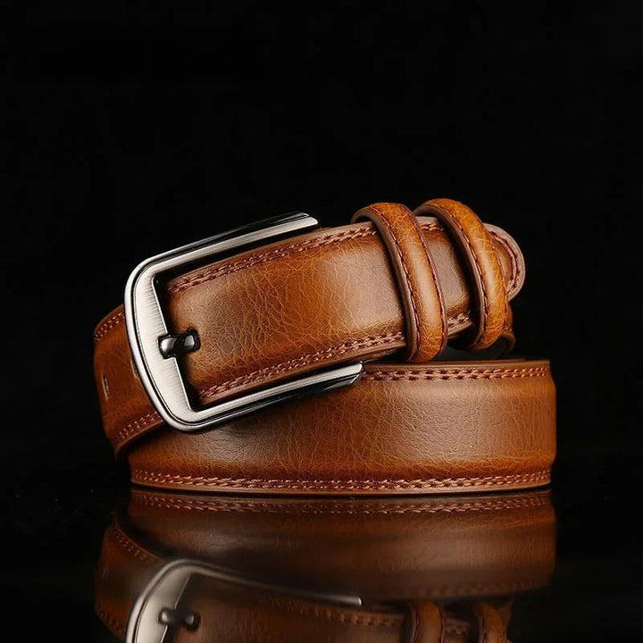 Men's full-grain leather belt with a sturdy buckle. A durable, classic, and fashionable accessory.