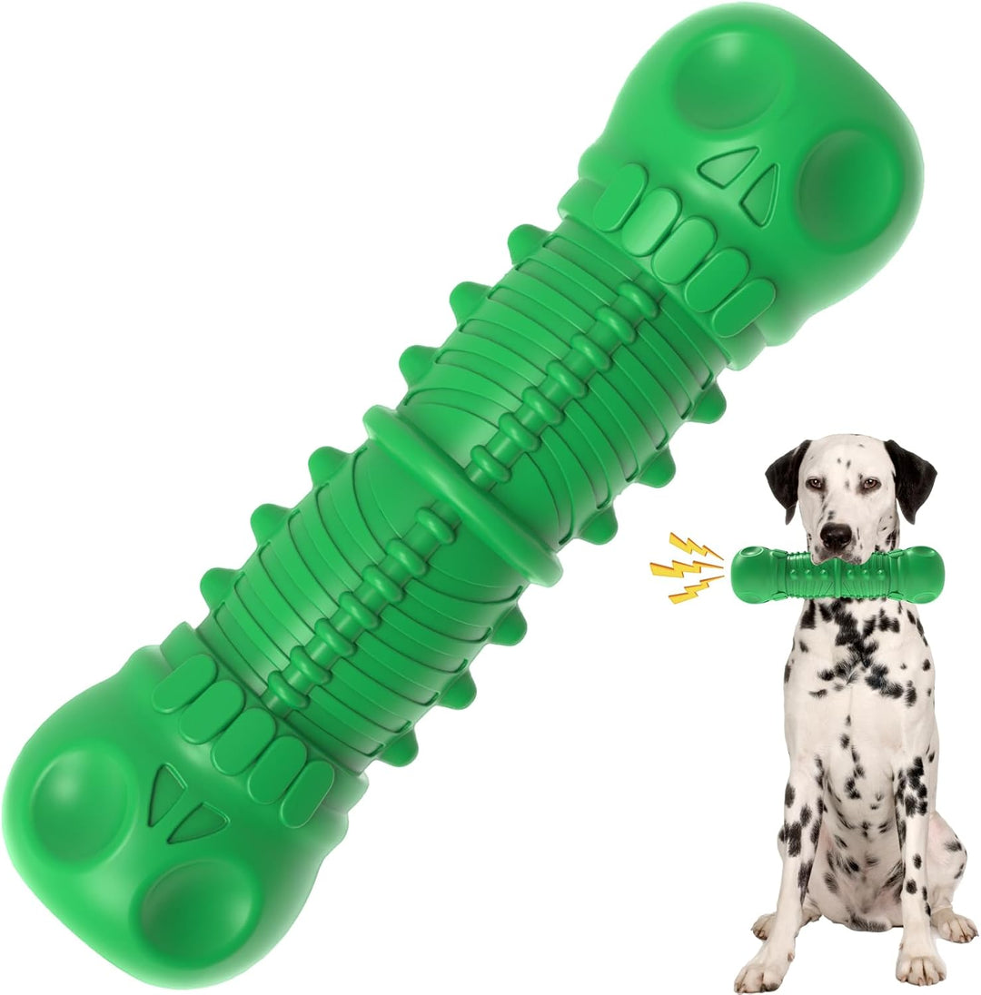 Strong rubber dog chew toy, perfect for medium to large dogs, provides squeaky, durable playtime fun.