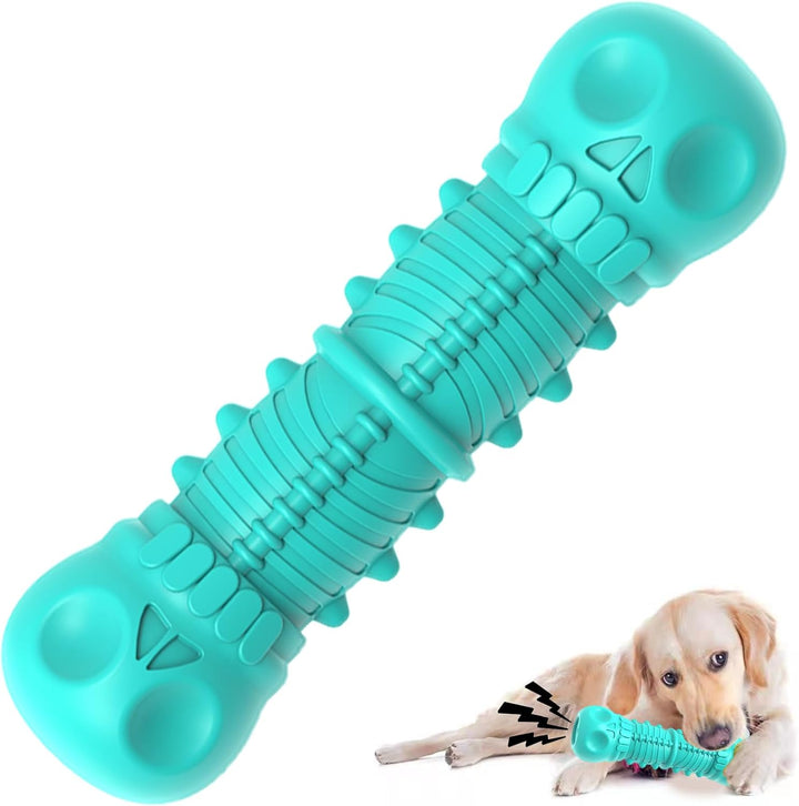 Indestructible squeaky rubber dog toy, designed for tough chewers, ensures long-lasting fun & durability.