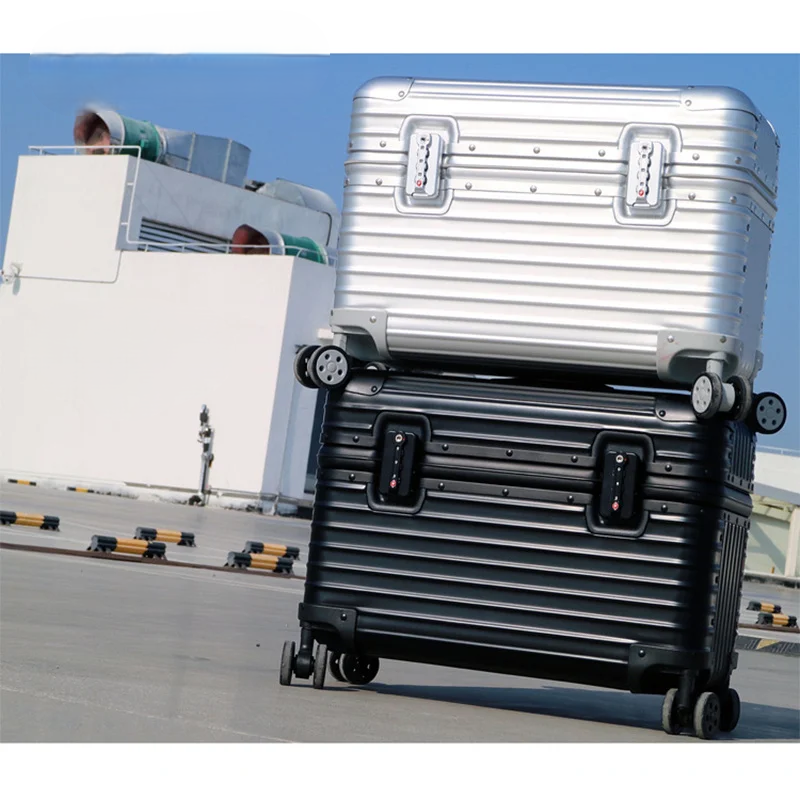 Durable unisex aluminum hard shell suitcase with spinner wheels, perfect for secure travel.