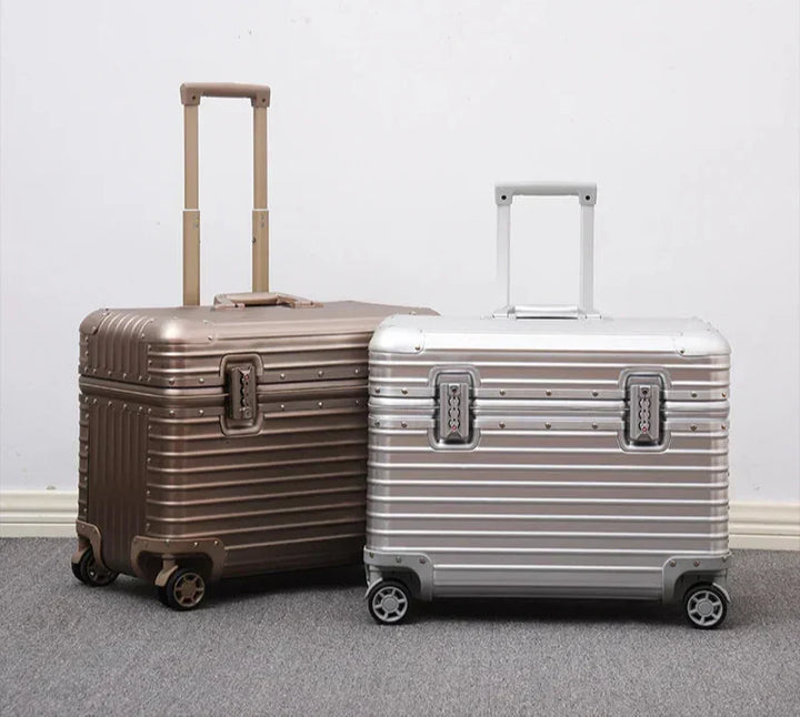 Modern aluminum hard shell suitcase, durable and sleek for elegant and secure journeys.