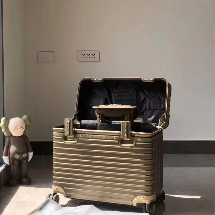 Lightweight durable aluminum hard shell suitcase, designed for comfortable and stylish travel.