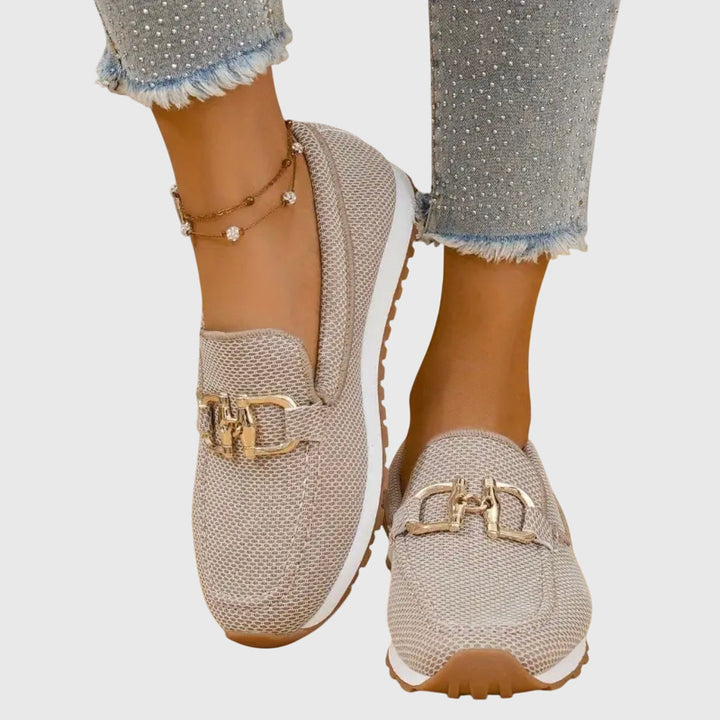 Stylish dusty blue women's horsebit loafers. Preppy slip-on flats for casual and versatile wear.