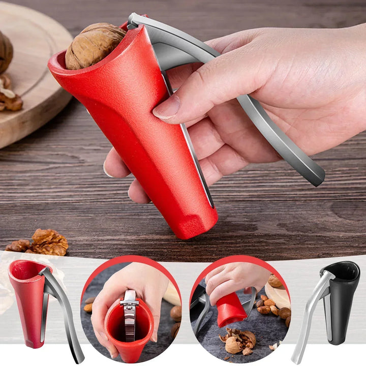 Durable red & black aluminum alloy nutcracker; ergonomic kitchen gadget for easy shell removal.