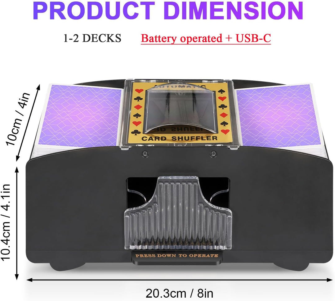 Compact automatic card shuffler, electric game accessory for Uno, Poker, and other card games.