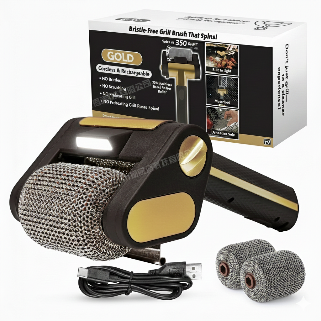 Compact electric grill cleaner with stainless steel, rechargeable, easy storage